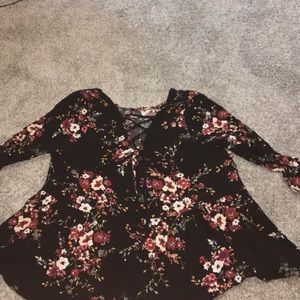 black lace up blouse with bottom seam